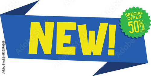 A blue and yellow new special offer banner with 50 percent off