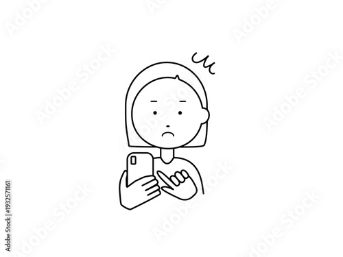 線画　スマホを見て表情を変える女性2