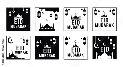 Black and white eid mubarak designs with crescent moons and lanterns