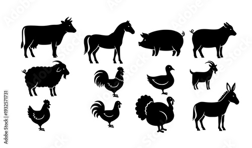 Farm Animal Silhouettes Collection Vector Set Isolated on White
