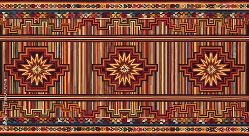 Vibrant seamless pattern of traditional Yakan woven textile featuring intricate geometric designs in rich red, brown, and beige tones, ideal for cultural, fashion, and decorative projects.