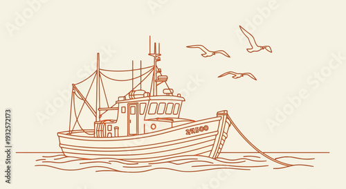 Minimalist line art of a fishing boat at sea with seagulls flying overhead, conveying a sense of maritime adventure and freedom.