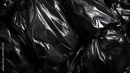 Pile of black plastic garbage bags. Household waste.
