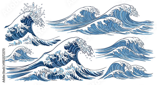 Dynamic Blue Waves Illustration in Japanese Ukiyo-e Style, Capturing Ocean Power and Beauty