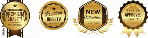 Collection of gold and brown product quality labels