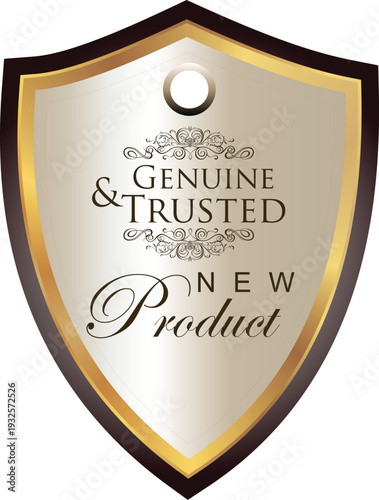A gold and black shield with a genuine trusted product logo