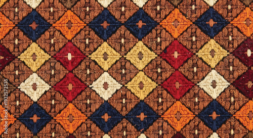 Traditional Yakan Seamless Diamond Weaving Pattern, Authentic Filipino Textile Background Featuring Geometric Rhombus Design in Earthy Red, Brown, and Orange Tones, Mindanao Cultural Fabric Art