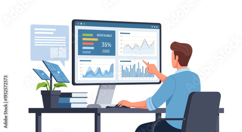 Man analyzing renewable energy data on computer dashboard with solar panels