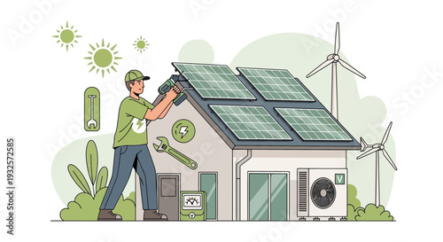 Man installing solar panels on house roof, renewable energy concept