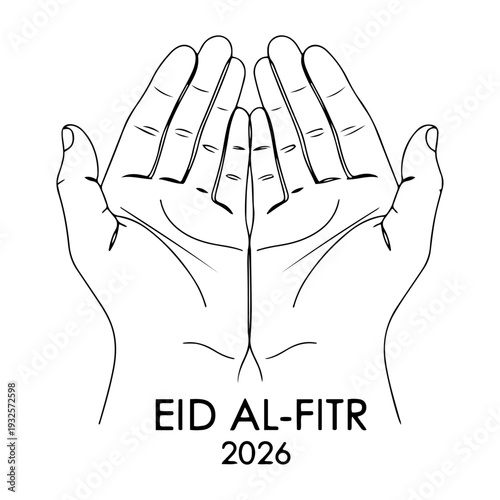 Minimalist line art illustration of praying hands for Eid Al-Fitr 2026, Islamic dua gesture vector sketch on white background

