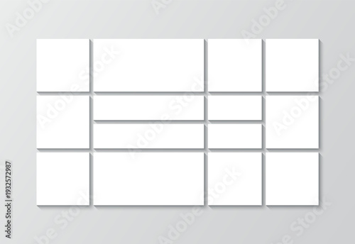 Mosaic picture frame. Moodboard portfolio images mockup. Scrapbook grid template. Album brandboard. Photo collage square layout. Mood board background. Gallery banner. Vector illustration