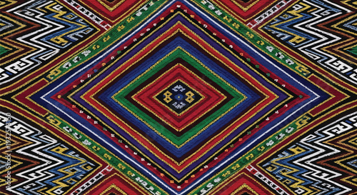 Vibrant Yakan Weaving Textile Pattern from the Philippines – Traditional Handwoven Tribal Fabric Featuring Bold Geometric Diamond Motifs, Colorful Stripes, and Intricate Indigenous Loom Design 