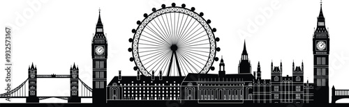 london, england, britain, skyline, silhouette, architecture, travel, tourism, vector, illustration, urban, skyscraper, landmark, isolated, european