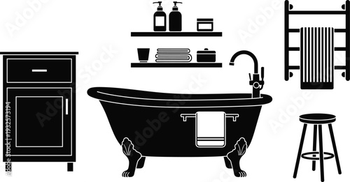 Minimalist black and white bathroom interior illustration with clawfoot bathtub, cabinet, shelves, towel rack, stool, modern furniture and accessories