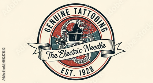 Vintage tattoo parlor logo featuring electric needle and classic design elements.