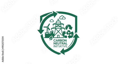 Carbon Neutral Initiative Shield with Renewable Energy Symbols.