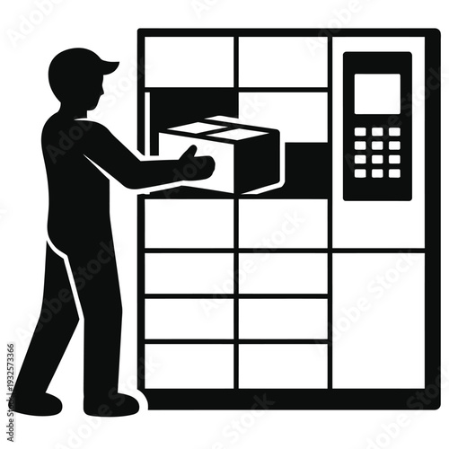 Delivery man putting cardboard box into automated smart locker system parcel service
