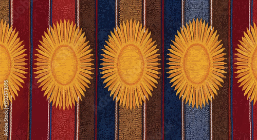 Traditional Yakan Tennun Fabric Featuring Vibrant Sun Motifs and Bold Vertical Stripes – A Masterpiece of Filipino Textile Artistry and Geometric Heritage from Basilan