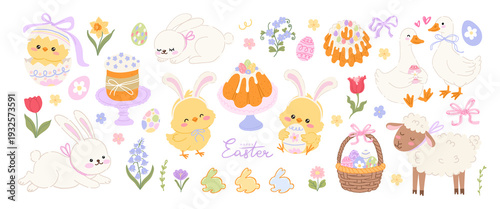 Easter clipart set with chicks, bunnies, lamb, geese, flowers, Easter cakes and eggs in doodle hand drawn style. Cute spring holiday elements for card, sticker, poster, print, nursery design