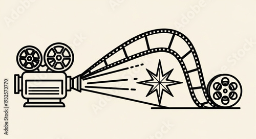 Vintage movie camera projecting film reel and starburst, classic cinema concept.