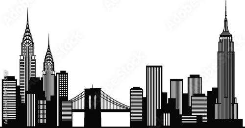 New York City skyline silhouette featuring the Empire State Building Chrysler Building and Brooklyn Bridge isolated on white background for USA travel and urban tourism designs.