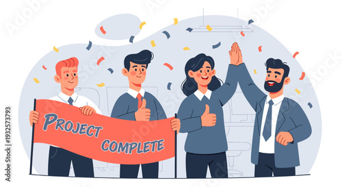 Team celebrating project completion with banner and confetti.