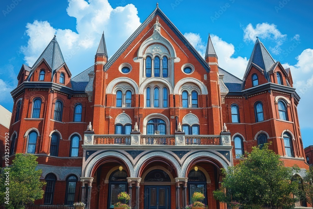 Fototapeta premium Majestic red brick Victorian building with pointed towers, three arched entranceways, ornate stone trim, balcony and trees beneath a bright blue sky