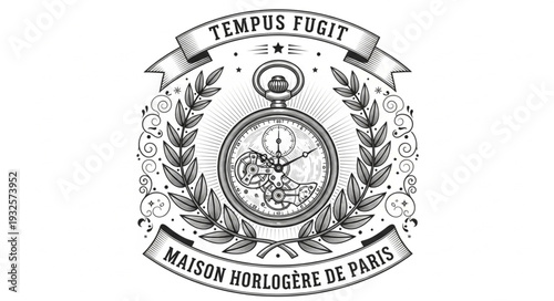 Vintage pocket watch emblem with Latin inscription and elegant design.