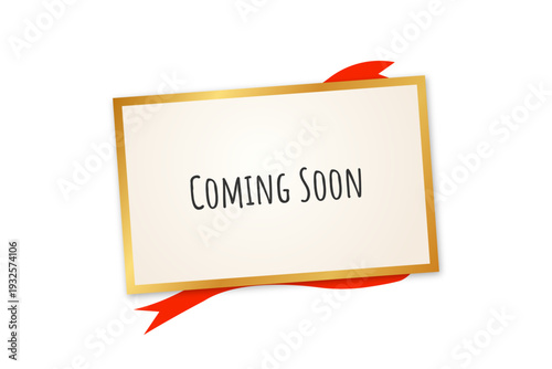 Coming soon announcement banner with red ribbon and gold frame flat vector illustration isolated on transparent background