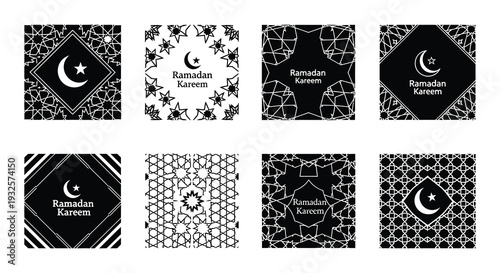 Eight black and white ramadan kareem islamic design elements collection