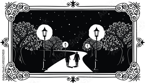 Romantic Park Night Scene Silhouette Featuring Couple Walking on Path Under Moonlight with Vintage Street Lamps Trees and Ornate Decorative Frame for Greeting Cards Concept