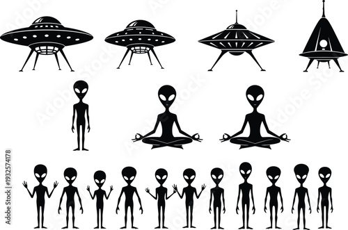 Alien and UFO silhouette vector set featuring extraterrestrial figures, flying saucers and spaceship icons isolated on white background for sci fi design 