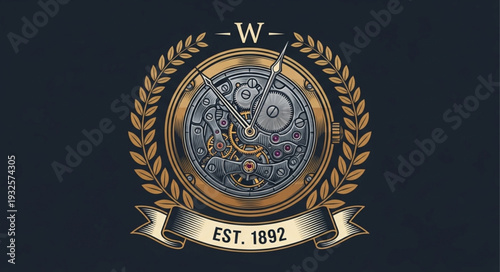 Intricate mechanical clock design with laurel wreath and ribbon banner.