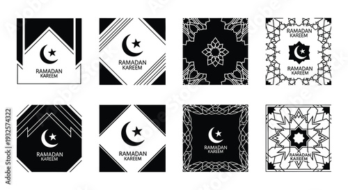 Eight black and white ramadan kareem islamic design elements collection