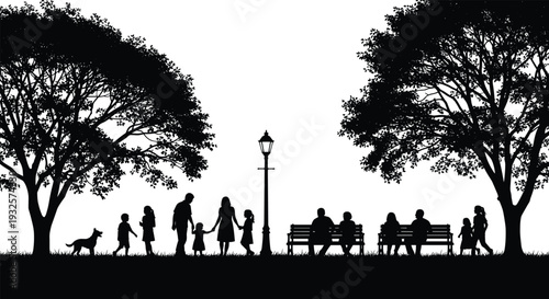 People in park silhouette set featuring families walking children playing couples on benches and dog under large trees isolated on white background for outdoor lifestyle.