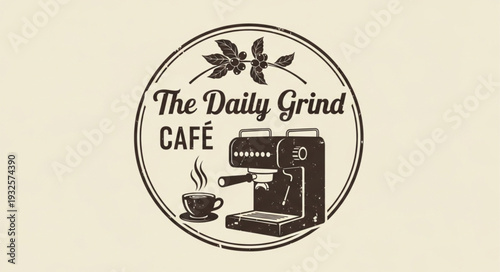 The Daily Grind Cafe logo featuring coffee machine and cup, vintage style.
