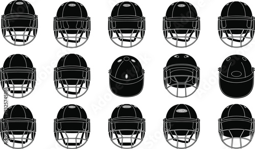 American football helmet silhouette set in multiple front views, sports protective gear vector illustration isolated on white background for team equipment design