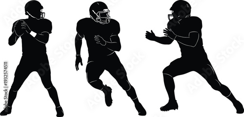 American football player silhouette vector set featuring quarterback throwing and running back poses isolated on white background for sports team design