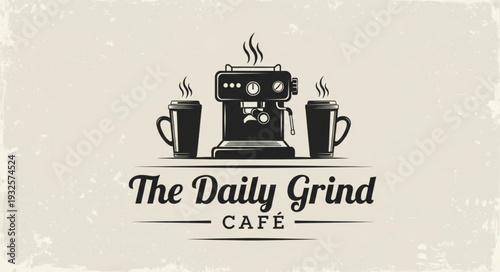 The Daily Grind Cafe Logo Featuring Coffee Machine and Cups, Steam Rising.