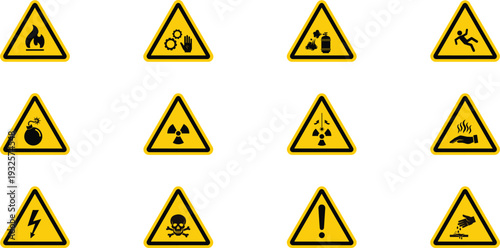 Collection of various warning symbols inside triangular caution signs