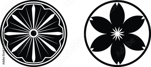 Set of black and white circular floral emblems featuring a geometric sunburst wheel and a stylized cherry blossom flower, traditional Japanese inspired decorative vector icons.