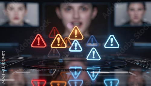Medium shot of AIdriven dashboard displaying realtime anomaly alerts with sharp focus on warning icons blurred background highlighting flagged deepfake footage.