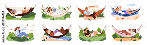 People relax on hammocks set. Young men and women have a rest lying on textile stretched between trees on beach, garden, work and read at nature. Flat isolated vector illustrations on white background