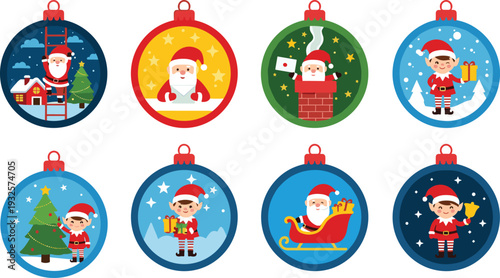 Set of colorful Christmas bauble illustrations featuring Santa Claus and cute elves in winter scenes, decorative holiday ornaments with stars and snow for festive design.
