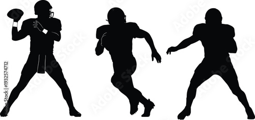 American football player silhouettes featuring quarterback throw, running back and defensive stance poses in black and white sports vector illustration set