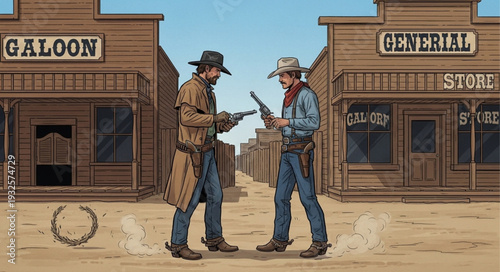 Two cowboys face off in a tense standoff, guns drawn, ready to shoot each other.