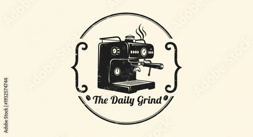 Vintage coffee machine logo design for cafe and coffee shop branding.