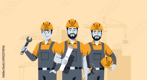 Three male construction workers wearing hard hats and overalls.