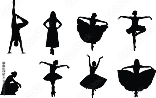 Ballet dancer silhouettes collection featuring elegant female dancers in various classical poses, tutu costumes and graceful movements in black and white vector illustration
