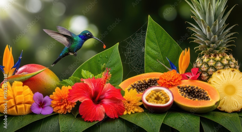Naklejka premium A vibrant still life arrangement featuring tropical fruits and flowers, with a hummingbird in flight, set against a blurred green background.